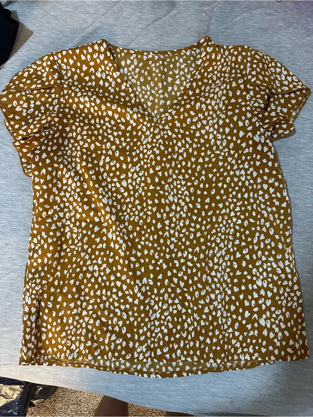 SHEIN Mustard V-Neck Flutter Sleeve Top with White Spot Print